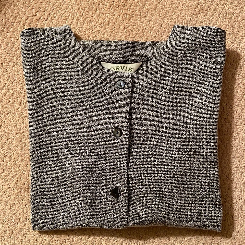 Black and White Tweed Cardigan Sweater; Black Buttons; Lightweight; Medium; EUC